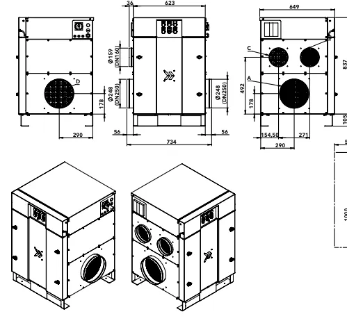 Dimensioned engineering drawings of an industrial dehumidifier unit: front, side and isometric views