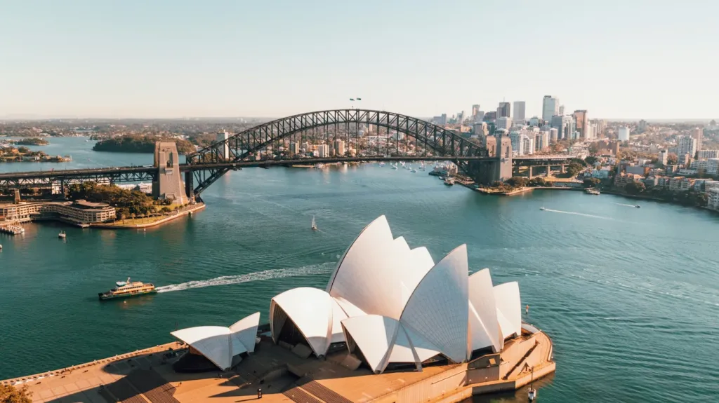 Aerial view of Sydney Harbour with the Opera House and Harbour Bridge