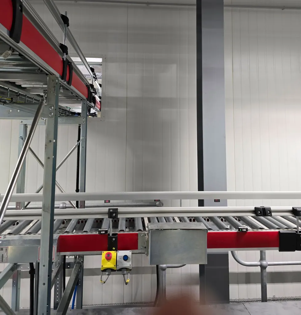 Roller conveyor line inside a manufacturing plant