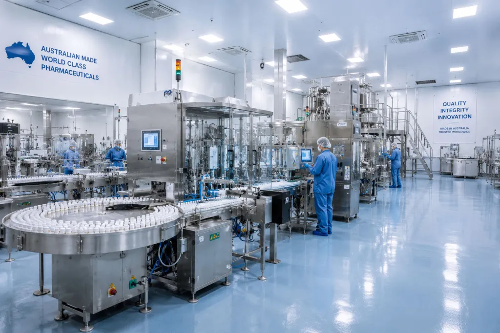 Pharmaceutical production line in a clean room with operators in blue gowns