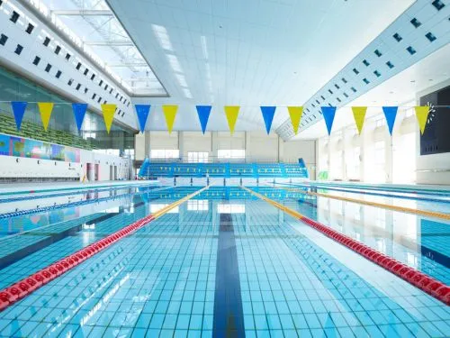 Indoor swim school pool with backstroke flags and lane ropes